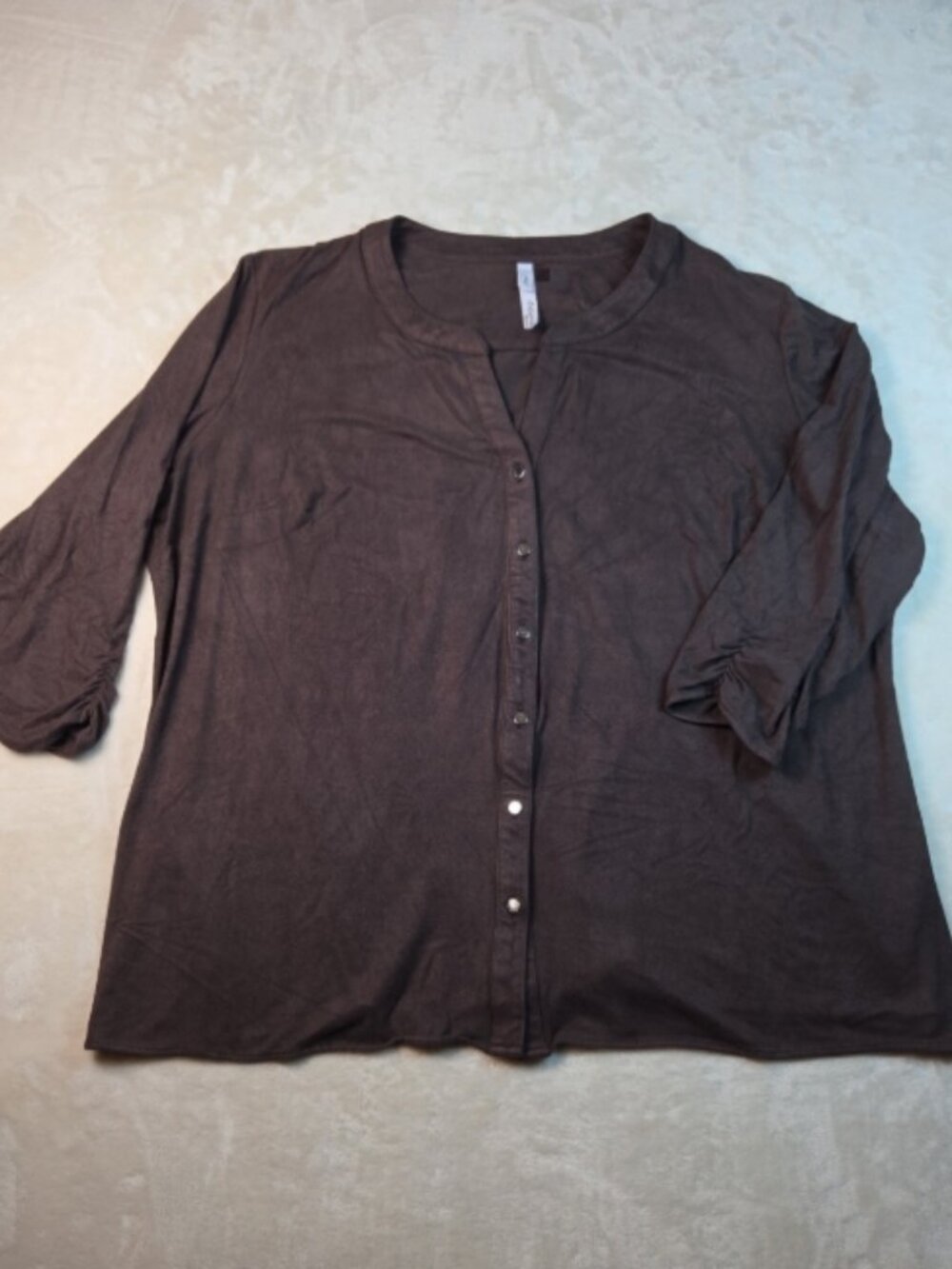 NY Collection Women’s 2X Brown Button Front Blouse Ruched Sleeve